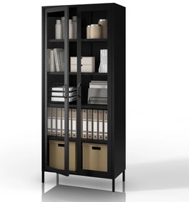 Sklenená vitrína ANGELO do obývačky – kovová, čierna, 800 x 1850 x 450 mm