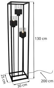 Stojacia lampa Roma Cage, 3x čierne/transparetné sklenené tienidlo v kovovom ráme