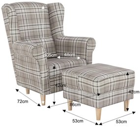 Kondela Kreslo, ušiak s taburetom, hnedé káro látka, ASTRID