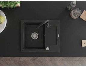 Mexen Enzo, 1-komorový granitový drez s odkvapkávačom 58x47 cm a kuchynskou batériou Telma, čierna, 6506-77-670200-70