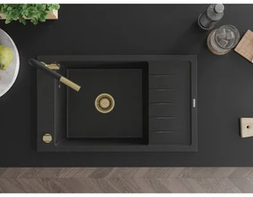 Mexen Elias, 1-komorový granitový drez 795x480x200 mm a drezová batéria Flora, čierna-strieborná metalíza, 6511-73-670401-57-G