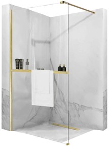 Rea Aero Gold Brush, sprchová zástena Walk-In 110x195 cm, 8mm číre sklo, zlatý matný profil + polička/vešiak na uterák EVO, KPL-K9840