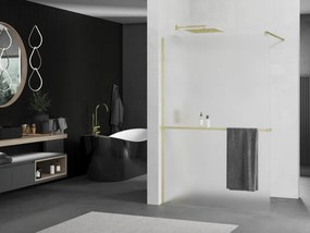 Mexen Kioto+, sprchová zástena Walk-In s poličkou a vešiakom 100 x 200 cm, 8mm sklo námraza, zlatý matný profil, 800-100-121-55-30