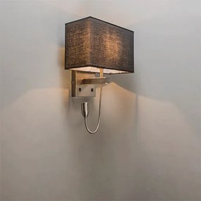 Oceľová nástenná lampa s čiernym tienidlom a čítacím ramenom vrátane LED - Bergamo