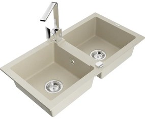 Mexen Mario, granitový drez 820x436x161 mm, 2-komorový, béžová s chrómovým sifónom a chrómová drezová batéria Rita, 6504-69-670300-00