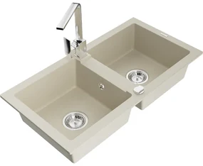 Mexen Mario, granitový drez 820x436x161 mm, 2-komorový, béžová s chrómovým sifónom a chrómová drezová batéria Rita, 6504-69-670300-00