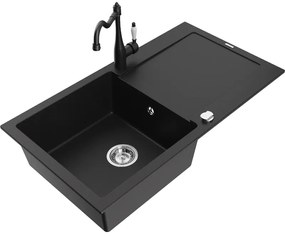 Mexen Leo, granitový drez 900x500x190 mm, 1-komorový a drezová batéria Carla, čierna, 6501-77-670700-70