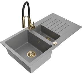 Mexen Matias, granitový drez 900x505x200 mm, 1,5-komorový a drezová batéria Aster, šedá, 6502-71-73450-57-G