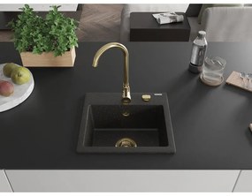 Mexen Milo, granitový drez 435x410x171 mm, 1-komorový, čierna-zlatá metalíza so zlatým sifónom, 6505441000-75-G