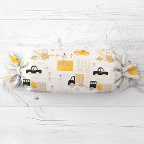 Biante Detský vankúš valec bonbon Sandra SA-672 Žlté a sivohnedé autá v meste na bielom 15x80 cm