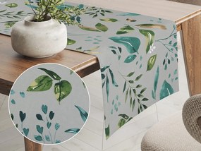 Biante Bavlnený behúň na stôl Sandra SA-430 Modro-zelené listy na sivom 20x180 cm