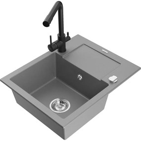 Mexen Enzo, granitový drez 576x465x174 mm, 1-komorový, čierna matná batéria Duero, šedá, 6506-71-671600-70