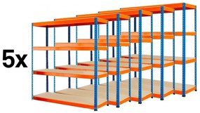 Fistar !!! Akčný balíček : 5x Regál 1800x1800x500 mm PROFESIONÁLNY lakovaný 4-policový, nosnosť 1600kg - MODRO-ORANŽOVÝ