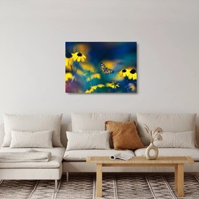 Sklenený obraz - Žltý motýľ s kvetmi (70x50 cm)