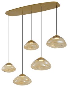 Hotelová elegantná závesná lampa mosadzná s jantárovým sklom 5-svetiel - Gus
