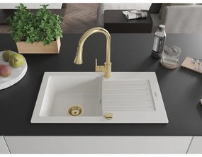 Mexen Pablo, 1-komorový granitový drez 752x436x161 mm a drezová batéria Elia, biela, 6510-20-670101-50