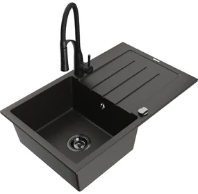 Mexen Bruno, 1-komorový granitový drez 795x495x200 mm a drezová batéria Aster, čierna-zlatá metalíza, 6513-75-73450-70-B
