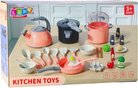 LEAN Toys Kuchynská súprava s hrncami a príslušenstvom na varenie, jedlo, ružová, 32 ks