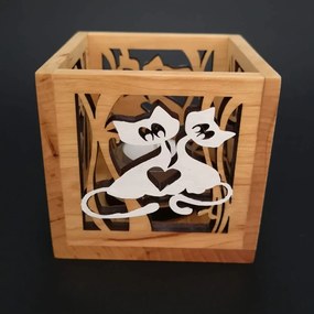 AMADEA Drevený svietnik kocky s motívom vtáčikov a mačiek, farebný, masívne drevo, 10x10x10 cm