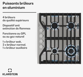 Klarstein Turbocast plynová varná doska, 304 nehrdzavejúca oceľ, 4 horáky, profesionálny liatinový držiak, horák wok