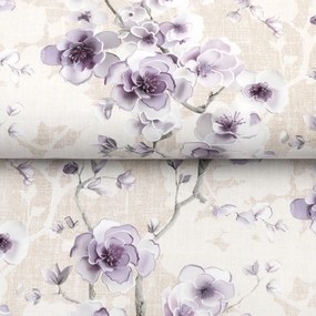 PVC obrus Fialové kvety sakury na režnom PV-206 - metráž š. 140 cm
