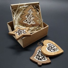 AMADEA Vianočný set 4 druhov drevených ozdôb z masívu s vkladom - ornament + krabička