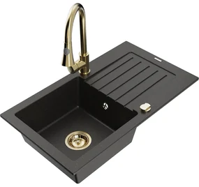 Mexen Pablo, 1-komorový granitový drez 752x436x161 mm a drezová batéria Elia, čierna-zlatá metalíza, 6510-75-670101-50