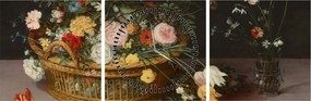Obraz - Jan Brueghel the Elder, Flowers in a Basket and a Vase, reprodukcia (s hodinami) (90x30 cm)
