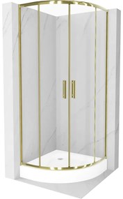 Mexen Rio, štvrťkruhový sprchovací kút s posuvnými dverami 90(dvere) x 90(dvere) x 190 cm, 6mm číre sklo, zlatý profil + biela sprchová vanička RIO, 863-090-090-50-00-4710