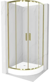 Mexen Rio, štvrťkruhový sprchovací kút s posuvnými dverami 90(dvere) x 90(dvere) x 190 cm, 6mm číre sklo, zlatý profil + biela sprchová vanička RIO, 863-090-090-50-00-4710