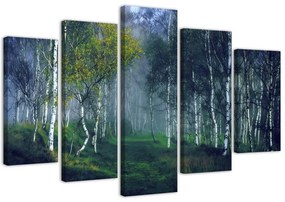 Obraz na plátně pětidílný Březový les v mlze - 100x70 cm