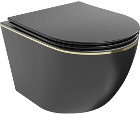 Mexen Lena, závesná toaletná misa 480x360x355 mm s pomaly padajúcim sedátkom, čierna matná - zlatý okraj, 30224075