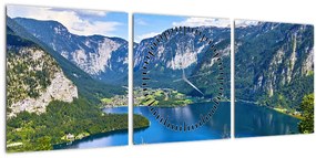 Obraz - Halštatské jazero, Hallstatt, Rakúsko (s hodinami) (90x30 cm)