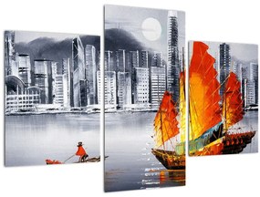 Obraz - Victoria Harbor, Hong Kong, čiernobiela olejomaľba (90x60 cm)