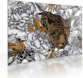 Sklenený obraz - Leopard medzi kvetmi (70x50 cm)