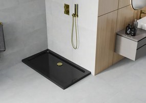Mexen Flat, akrylátová sprchová vanička 140x70x5 cm SLIM, čierna, zlatý sifón, 40707014G