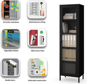 Čierna sklenená vitrína do obývačky z kovu na nožičkách LUIGI Modern 500 x 1800 x 350 mm