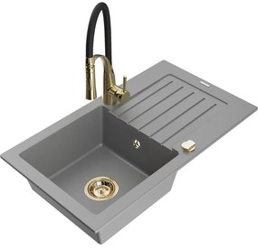 Mexen Pablo, 1-komorový granitový drez 752x436x161 mm a drezová batéria Aster, šedá, 6510-71-73450-57-G