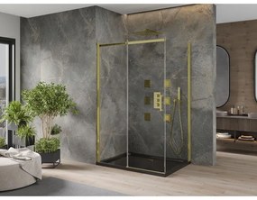Mexen Omega, sprchový kút s posuvnými dverami 100 (dvere) x 90 (stena) cm, 8mm číre sklo, zlatý profil + slim sprchová vanička čierna + zlatý sifón, 825-100-090-50-00-4070G