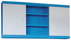 Závesná skrinka do dielne GD, 600 x 1190 x 200 mm, 2 dvere + perforovaný panel na náradie, 6 políc, modrá