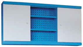 Závesná skrinka do dielne GD, 600 x 1190 x 200 mm, 2 dvere + perforovaný panel na náradie, 6 políc, modrá