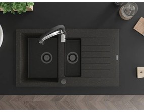 Mexen Matias, granitový drez 900x505x200 mm, 1,5-komorový a drezová batéria Aster, čierna-zlatá metalíza, 6502-75-73450-07-B