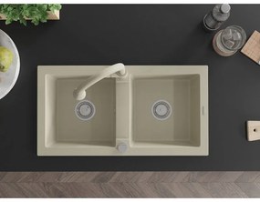 Mexen Mario, 2-komorový granitový drez 820x436x161 mm a drezová batéria Elia, béžová, 6504-69-670101-69