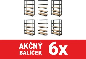 Akcia 6x Regál 183x75x40 cm lakovaný 5-policový, nosnosť 1000 kg, RIVET - čierny - 6ks