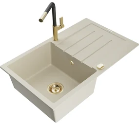 Mexen Bruno, 1-komorový granitový drez 795x495x200 mm a drezová batéria Flora, béžová, 6513-69-670401-57-G