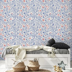 Tapeta modré a ružové kvetinové vetvičky