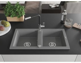Mexen Mario, 2-komorový granitový drez 820x436x161 mm a drezová batéria Flora, šedá, 6504-71-670401-07