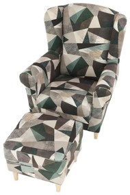 Kondela Kreslo, ušiak s taburetom, hnedozelená vzor látka, ASTRID