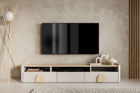 TV stolík Amilio 200 cm so zásuvkami - kašmír / olejovaný dub / úchytky svetlý dub