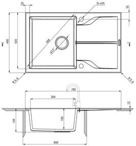 Deante Andante Flush, granitový drez 780x490x194 mm, 3,5" + priestorovo úsporný sifón, 1-komorový, šedá, ZQN_S11F